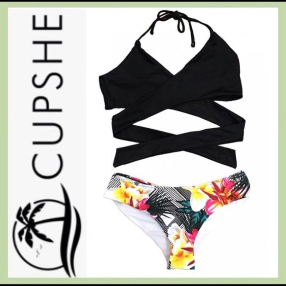 Cupshe Tropical Bottoms Black Wrap Top Size Small - Picture 2 of 5